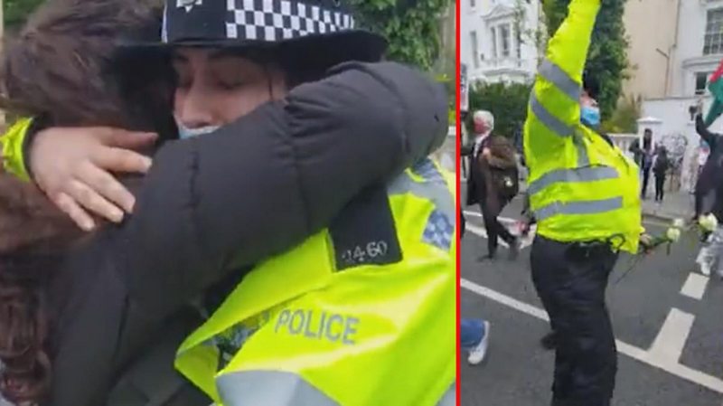 İngiltere`de polis memuru, durdurmak için gittiği Filistin yanlısı protestoculara katıldı