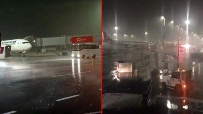 İstanbul Havalimanı`nda başlayan şiddetli fırtına bagajları, konteynerleri sürükledi