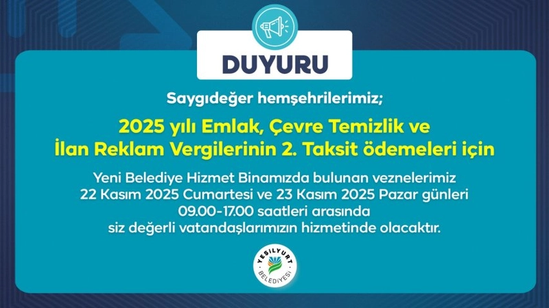 Yeşilyurt Belediyesi Hafta Sonu Vezne Hizmeti Başlatıyor