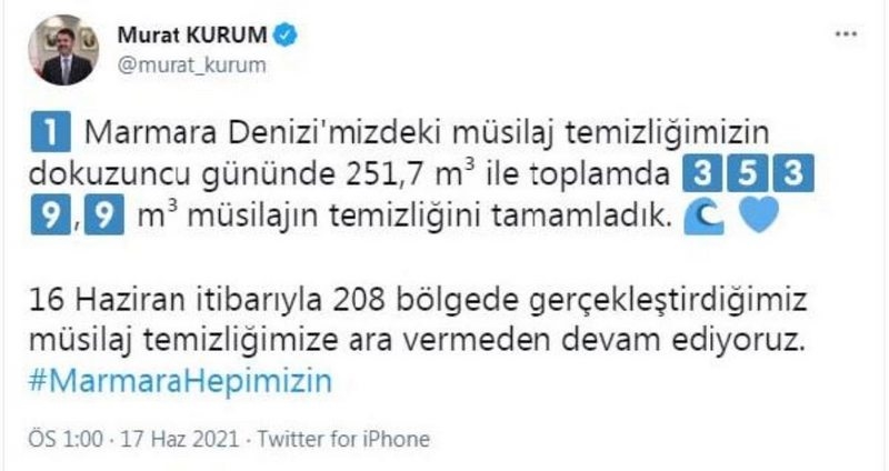 Bakan Kurum, Marmara Denizi`nden 9 günde 3 bin 539 metreküp müsilaj temizlendiğini bildirdi