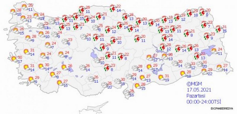 Meteoroloji Genel Müdürlüğü, hava durumu tahmin raporunu yayınladı. Tahminlere göre; bugün için 36 ilde sağanak yağış etkili olacak..